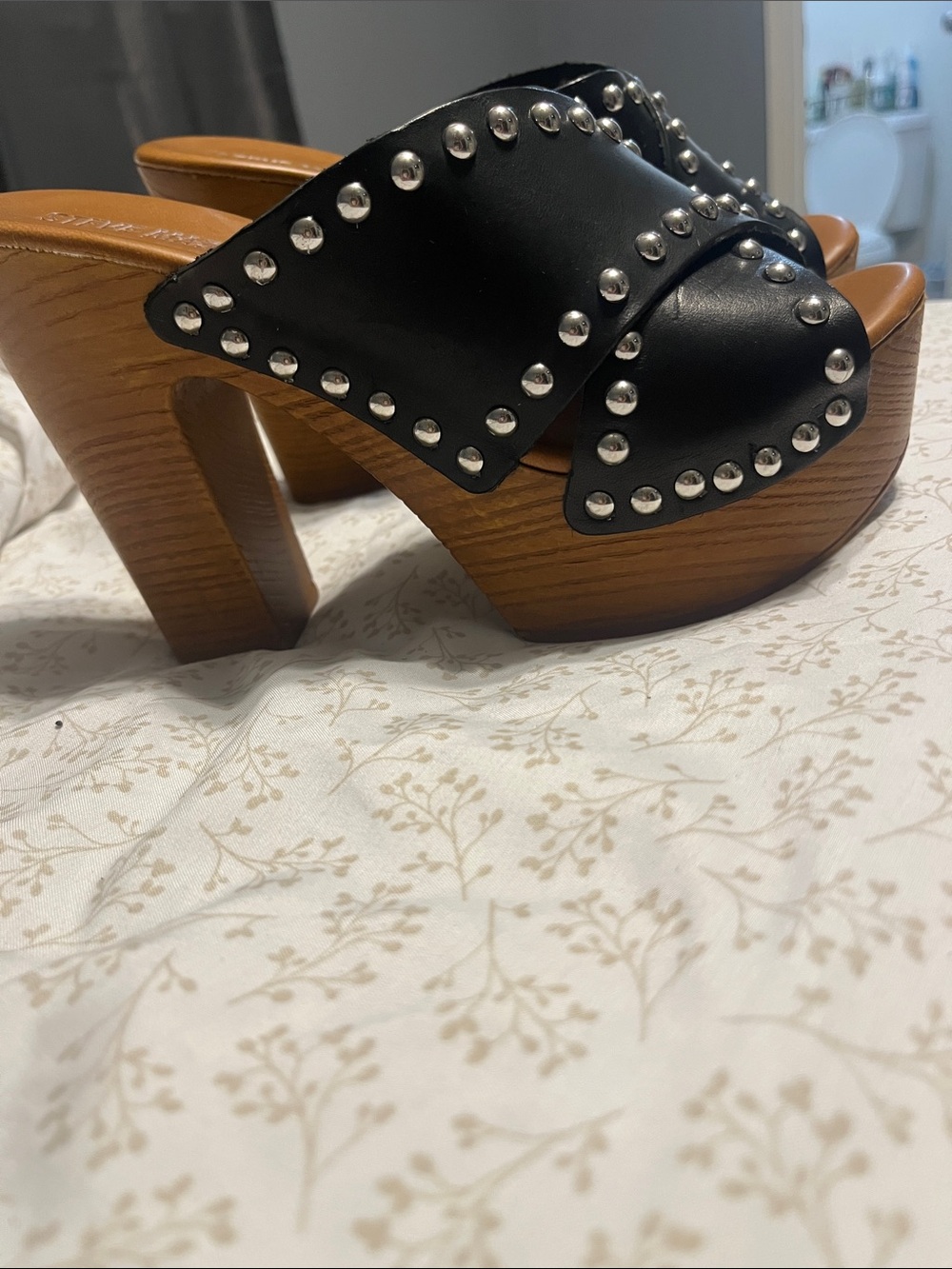 Steve Madden Black Studded Platform Clog Mules with Wood Heel